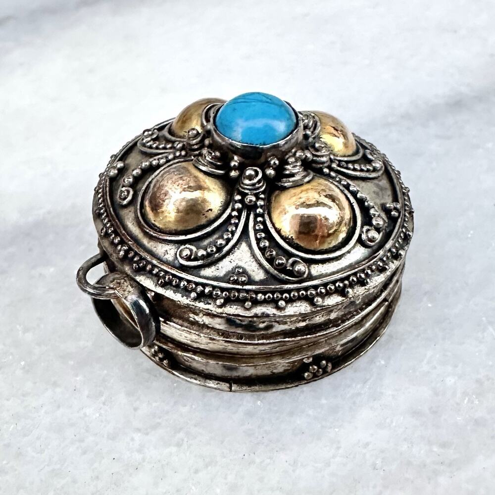 Sterling Silver Tibetan Style Gau Pendant Prayer Box Round Turquoise Cabochon